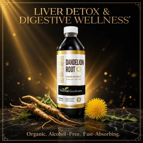 A dark amber glass bottle with gold accents and white cap of herbalgoodness organic dandelion root liquid extract