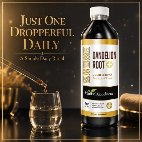 A sleek 12-ounce bottle of herbalgoodness organic dandelion root liquid extract with white cap and gold accents containing dark amber liquid