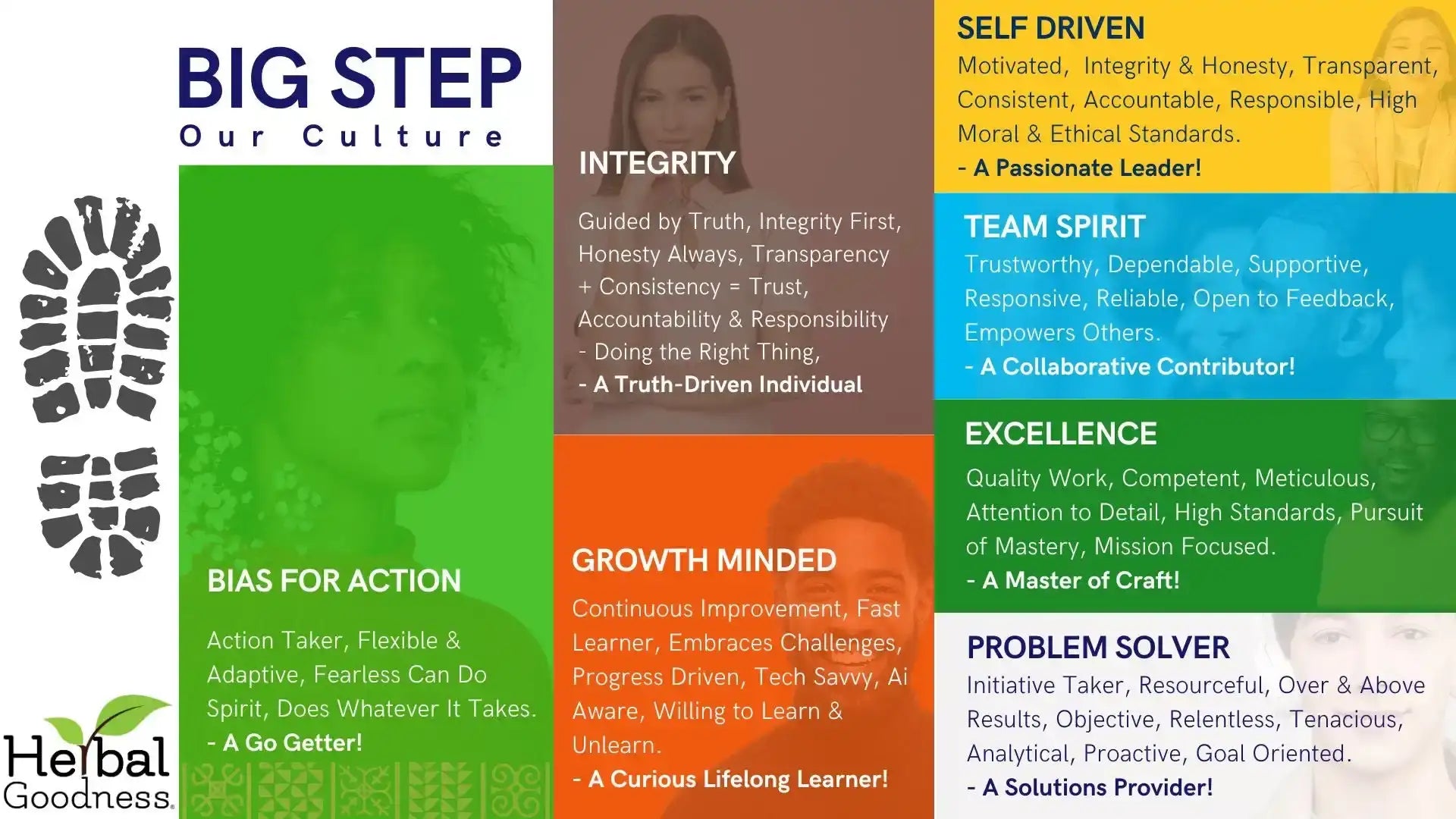The image displays a promotional graphic for ’big step’ featuring its core cultural values like integrity, team spirit, and excellence presented in bold colored blocks with descriptive text.
