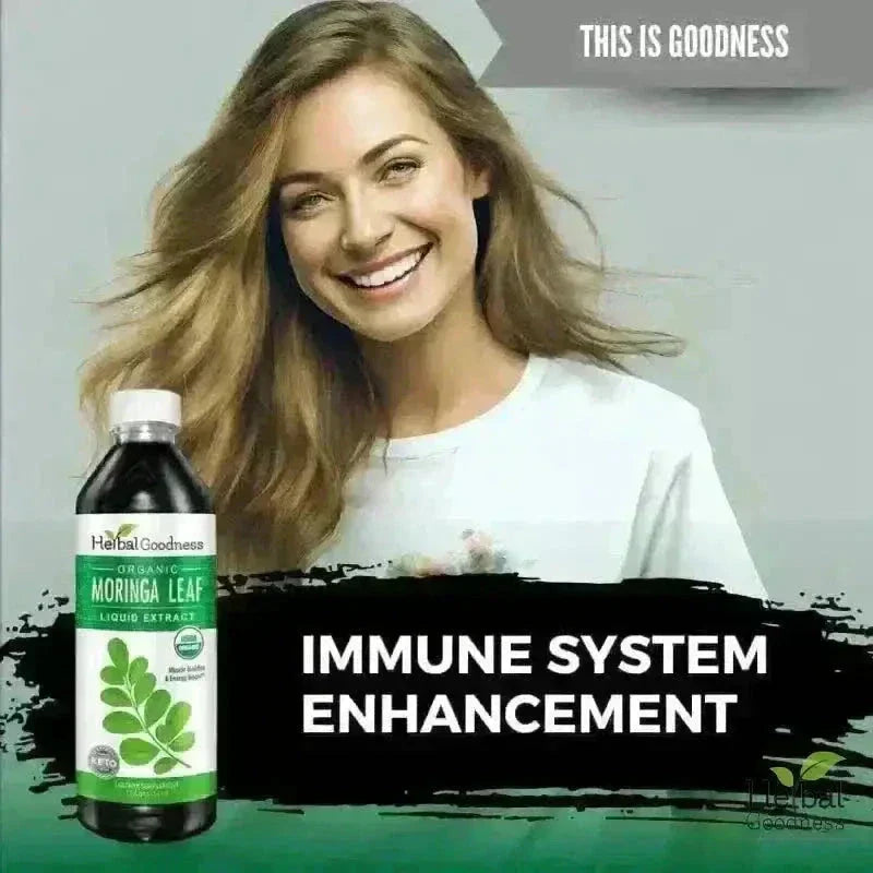 A dark liquid-filled bottle of organic moringa leaf liquid extract with a green label for natural energy stack bundle