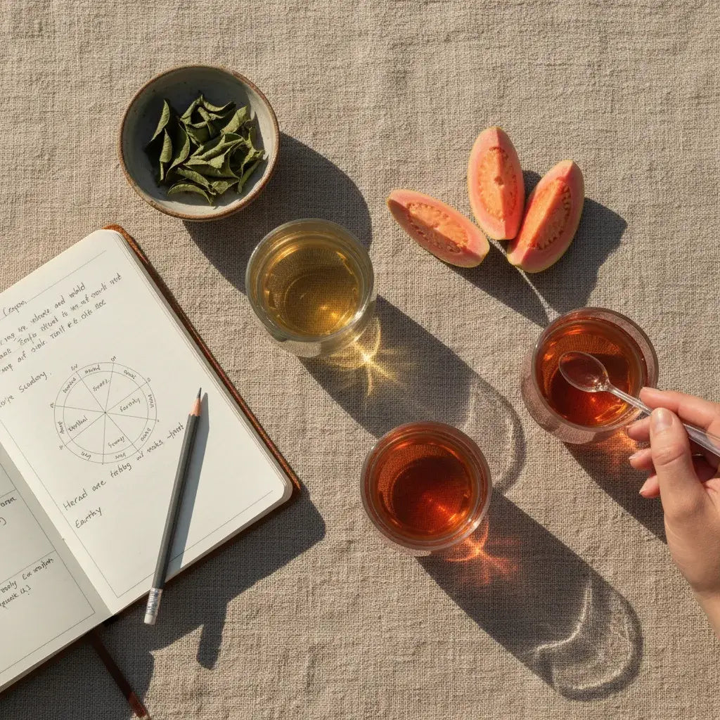 cup of guava leaf tea on journal