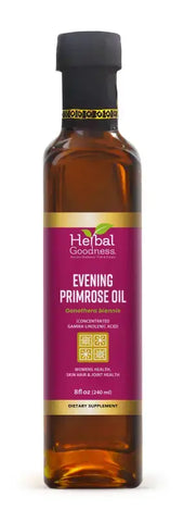Bottle of Evening Primrose Oil Oenothera biennis with pink and black label, 8oz