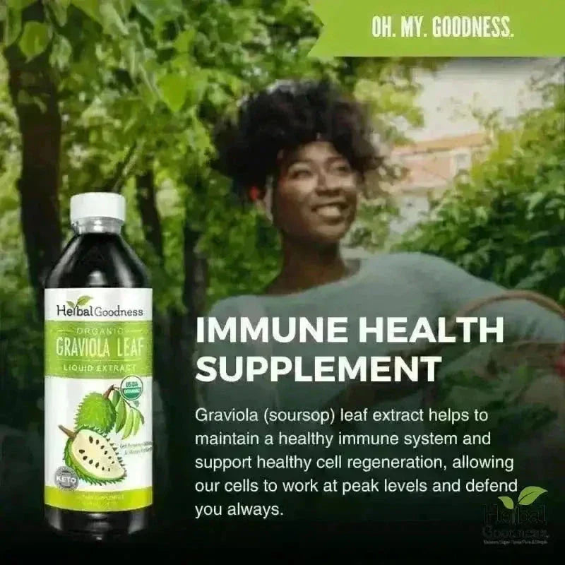 A dark glass bottle of helbal goodness organic graviola leaf liquid extract with keto immune support in full reset bundle
