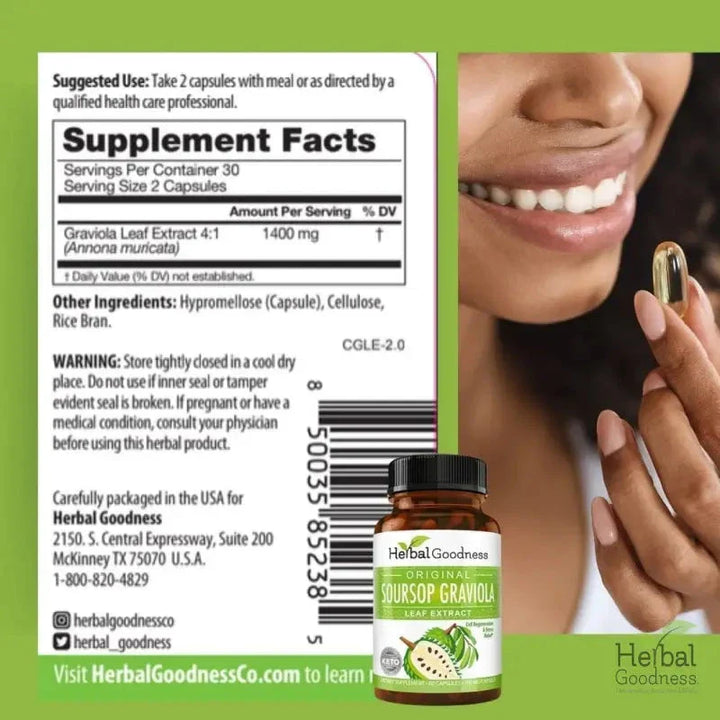 Graviola Soursop Leaf Extract – 10X 60/600mg Capsules - Cell Renew & Immunity Capsules Herbal Goodness 