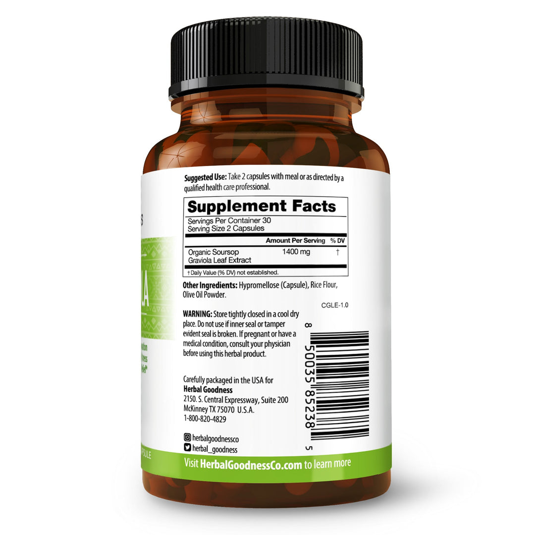 Graviola Leaf Extract Capsules - 60/700mg - Cell Immunity & Relaxation - Herbal Goodness Buy Capsules