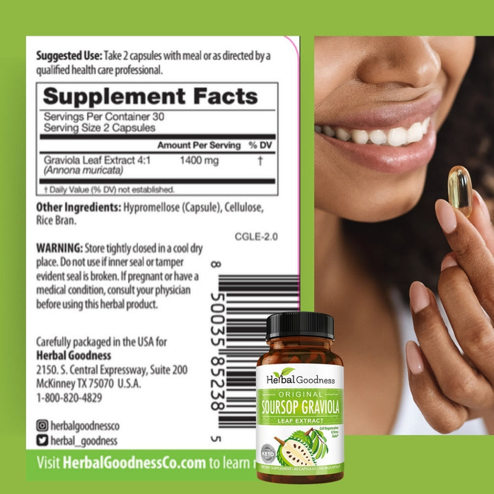 Graviola Leaf Extract Capsules - 60/700mg - Cell Immunity & Relaxation - Herbal Goodness Buy Capsules