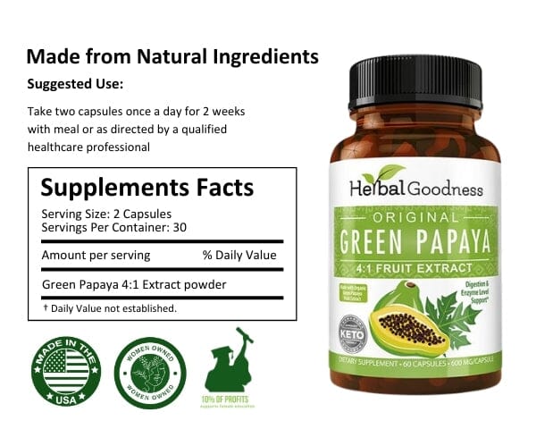 Green Papaya Fruit Extract - Capsules 60/600mg - 4X Strength - Digestion & Enzyme Level Support - Herbal Goodness Capsules Herbal Goodness 