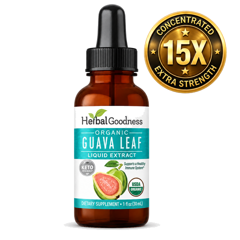 Herbalgoodness guava leaf extract liquid supplement in brown glass dropper bottle with teal label for blood sugar support