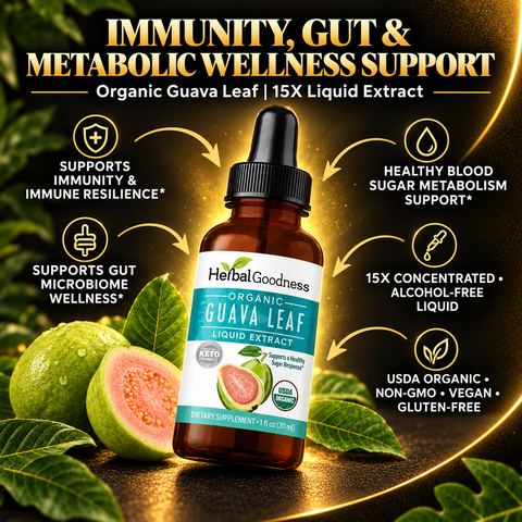A brown glass bottle with a black dropper cap containing herbalgoodness guava leaf extract liquid supplement for blood sugar