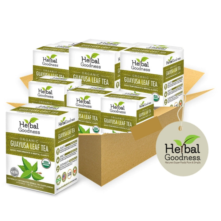 White and green boxes of herbal goodness organic guayusa leaf tea in a cardboard box for mental clarity and energy support
