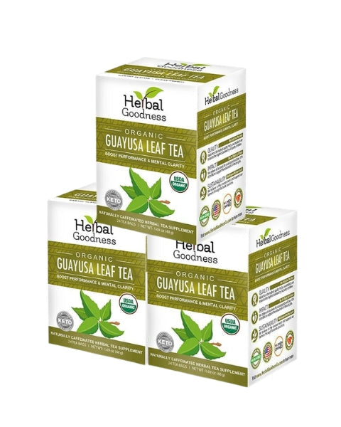 White and green cardboard boxes of herbal goodness organic guayusa leaf tea for mental clarity and energy support