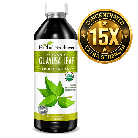 Herbal goodness guayusa leaf organic 15x liquid extract in amber glass bottle with white label for clean energy support
