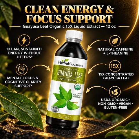 A dark glass bottle with white cap and green leaves label of herbal goodness guayusa leaf organic 15X liquid extract for clean energy