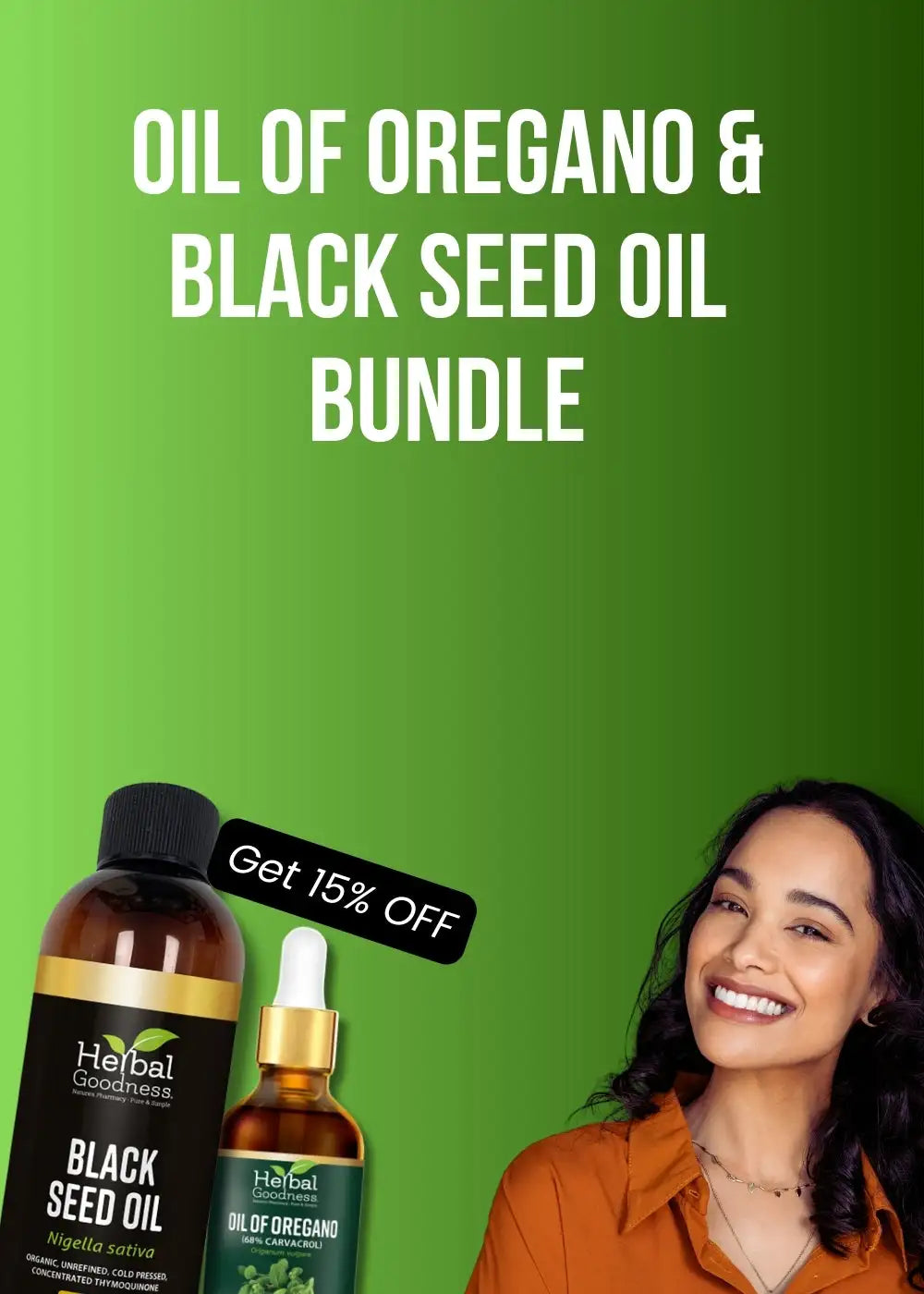 Herbal goodness black seed oil in a dark amber glass bottle with a gold cap and label, alongside its matching oregano oil dropper bottle.