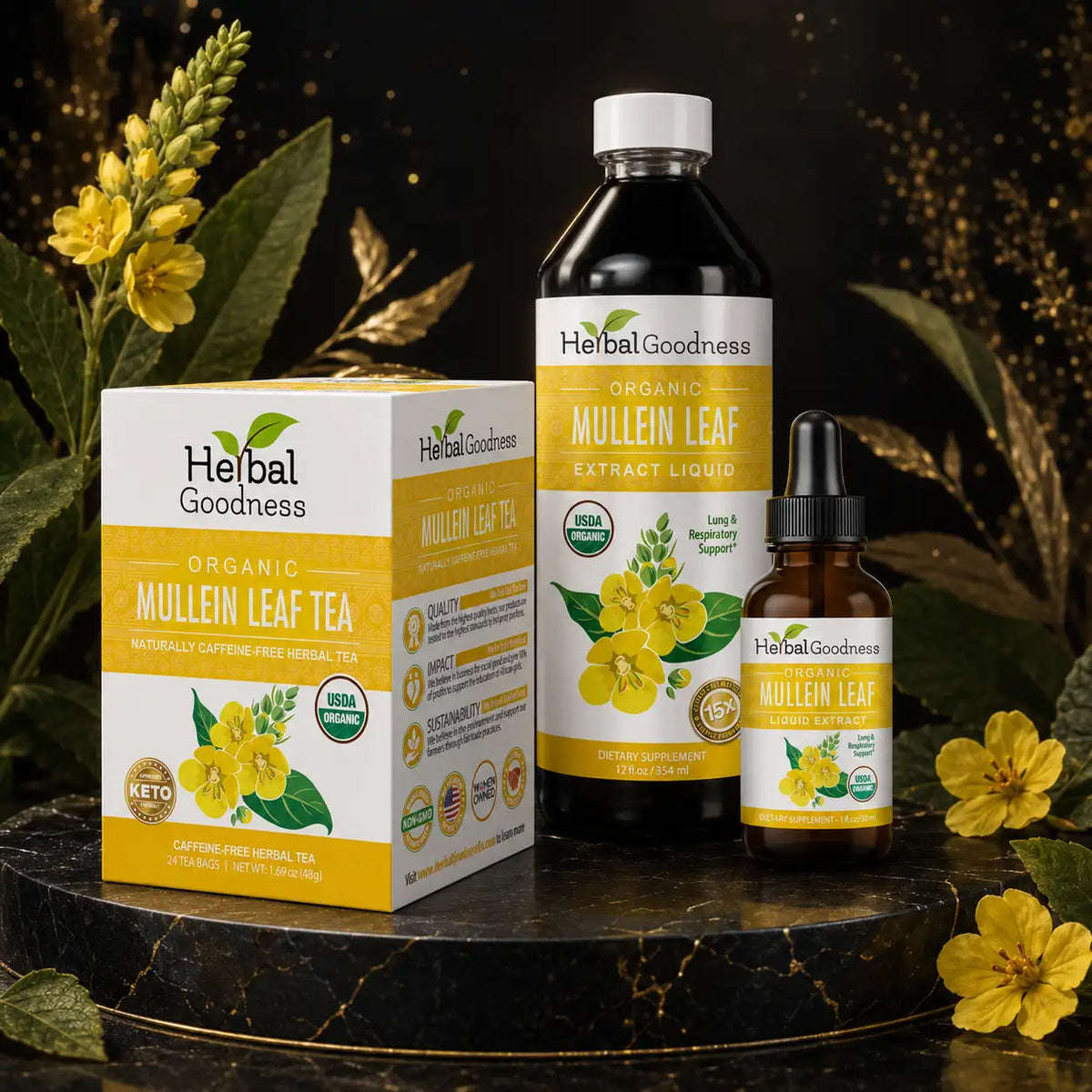 Herbal goodness organic mullein leaf tea in a white and yellow box with green floral design.