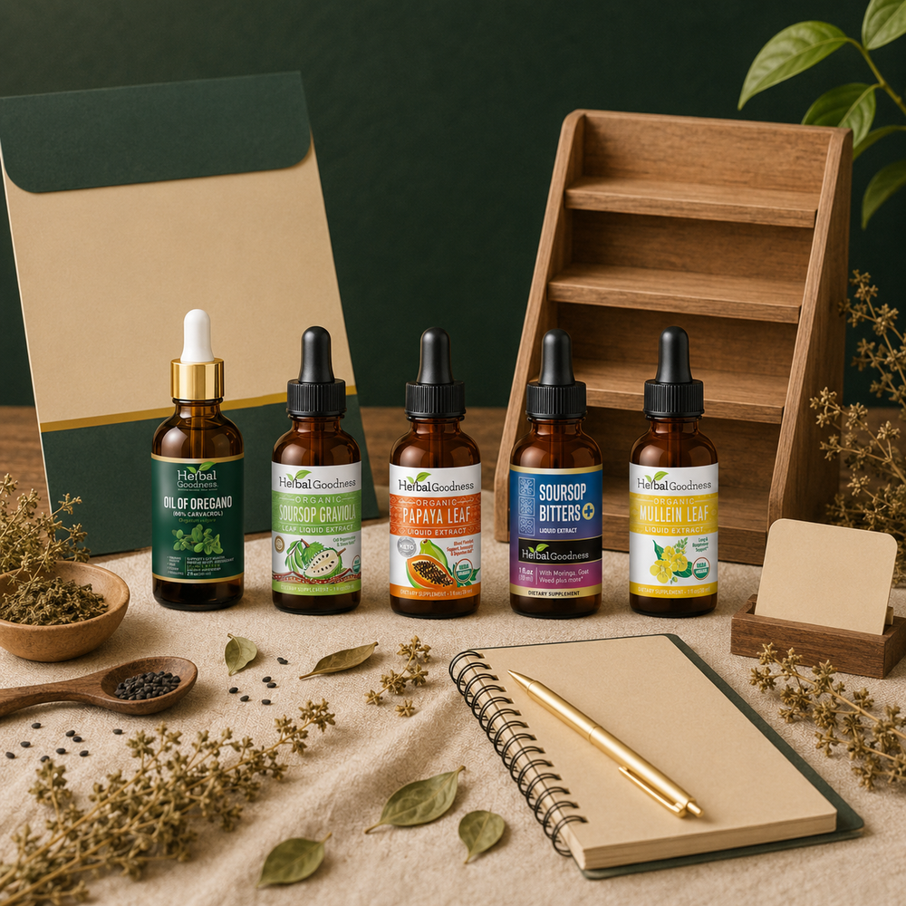 Set of five amber glass herbal goodness dropper bottles with black and gold caps for herbal goodness partner program