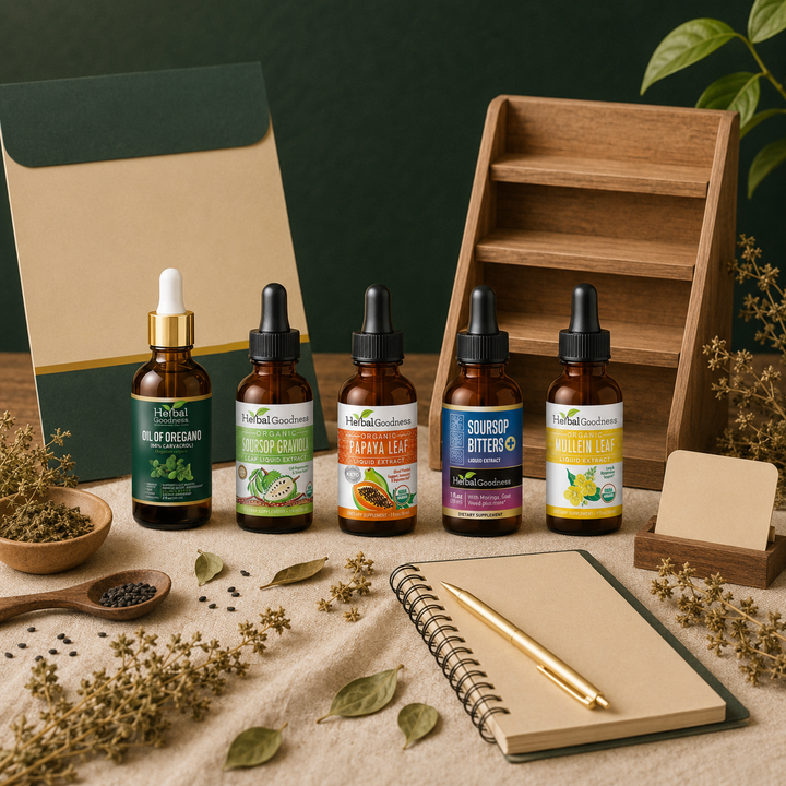 Set of five amber glass herbal goodness dropper bottles with black and gold caps for herbal goodness partner program