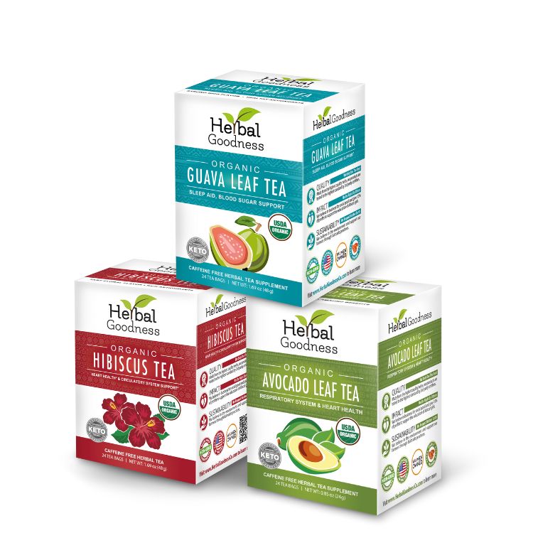 Three white boxes of herbal tea trio featuring organic guava, hibiscus, and avocado leaf tea with colorful fruit labels