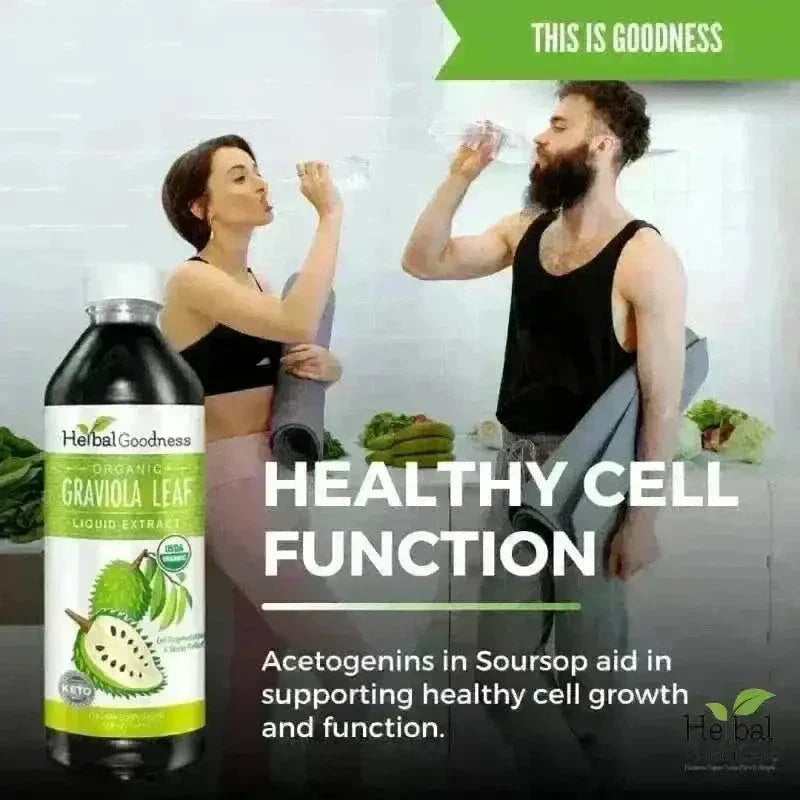 A clear plastic bottle with dark liquid and green soursop label from immune cleanse travel herbal wellness support bundle