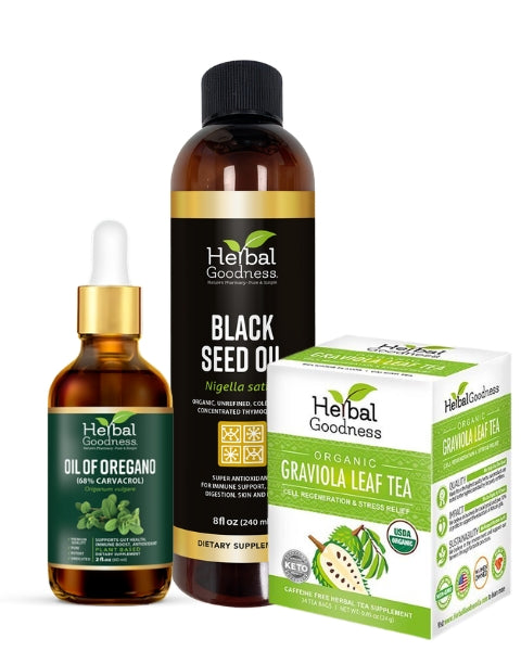 Immune Defense Stack – oregano oil, black seed oil, and graviola soursop tea bundle by Herbal Goodness