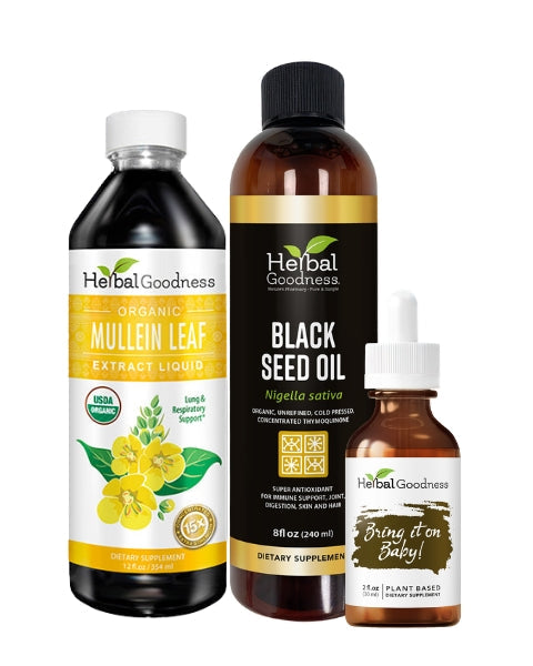 Herbal goodness organic mullein leaf liquid extract in a clear bottle with yellow label for respiratory health