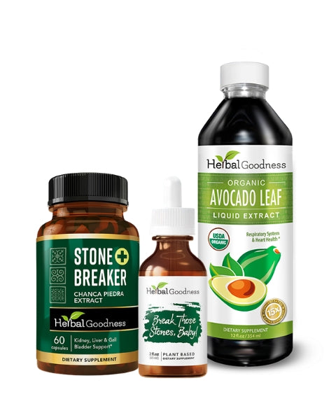 Herbalgoodness organic avocado leaf liquid extract in dark glass bottle with green label for kidney stones natural detox boost cleansing bundle designed