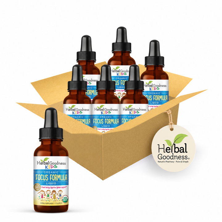Brown glass dropper bottles with black caps and colorful herbal goodness kids labels for lemon balm and immune support supplements