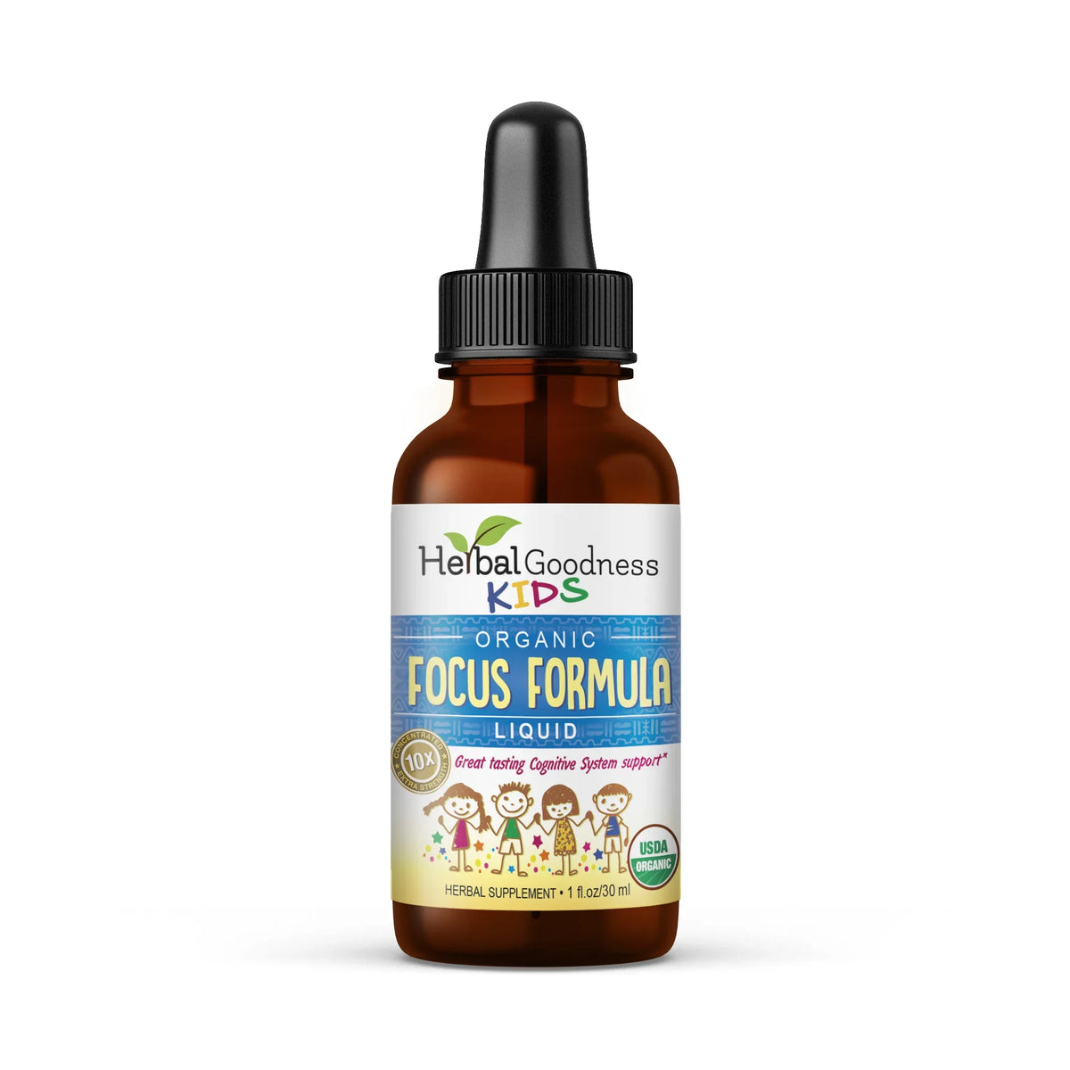 Brown glass bottle with black dropper cap and colorful label for kids organic focus formula with lemon balm and immune support
