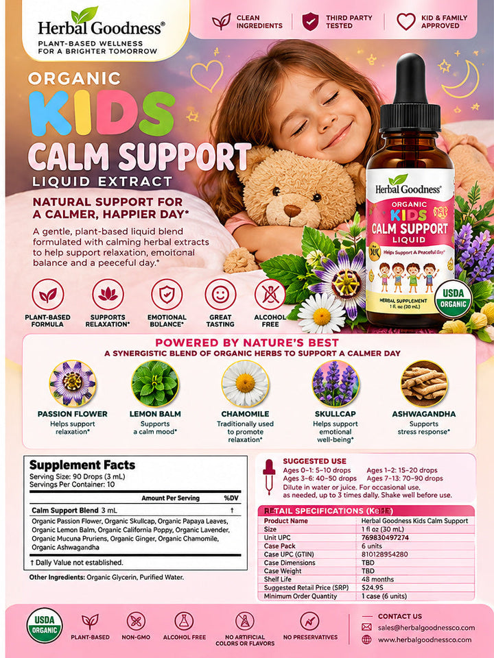 Herbal goodness kids calm support liquid extract in a brown glass bottle with lemon balm for immune support and focus