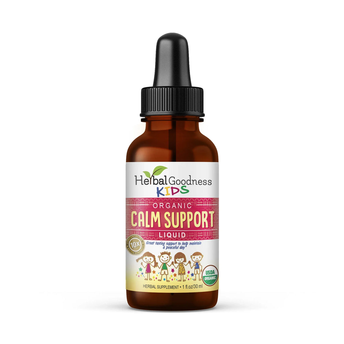Brown glass bottle with black dropper cap labeled herbal goodness kids organic calm support liquid for immune support