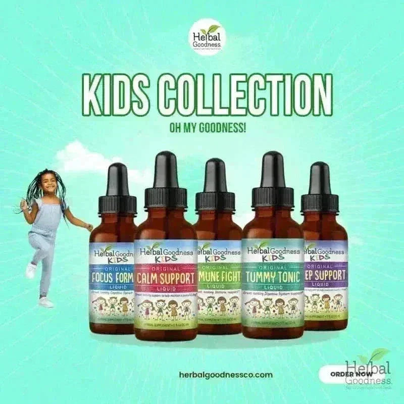 Kids Plant-Based Supplements - Organic 1oz 15X Liquid Extract - Focus, Calm, Sleep, Tummy Liquid Extract Herbal Goodness 