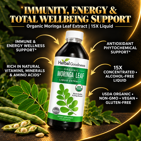 A dark glass bottle of herbal goodness organic moringa leaf extract 15x liquid with white cap and green label accents