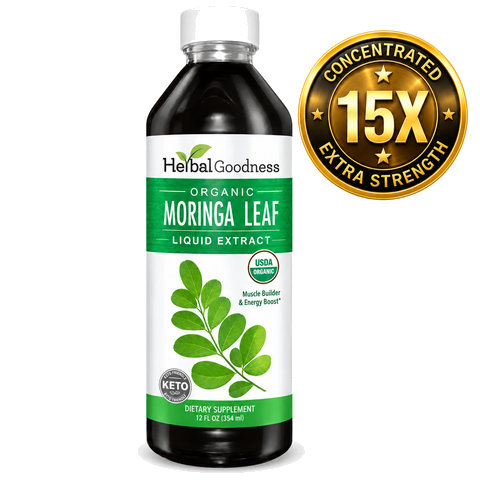 A dark bottle of organic moringa leaf extract 15x liquid with white cap and green accents showing herbal goodness