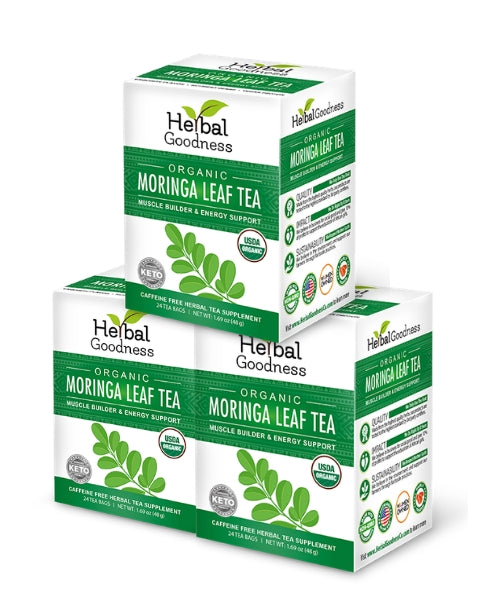 White and green cardboard boxes of organic moringa leaf tea caffeine-free herbal tea supplement with usda certification