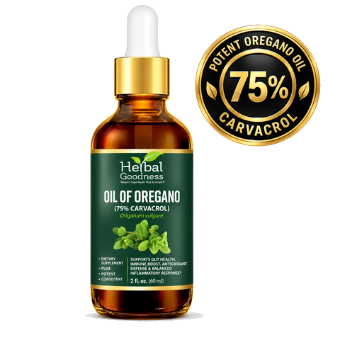 A dark amber glass bottle of herbal goodness oregano oil 75 percent carvacrol for gut health and immune support