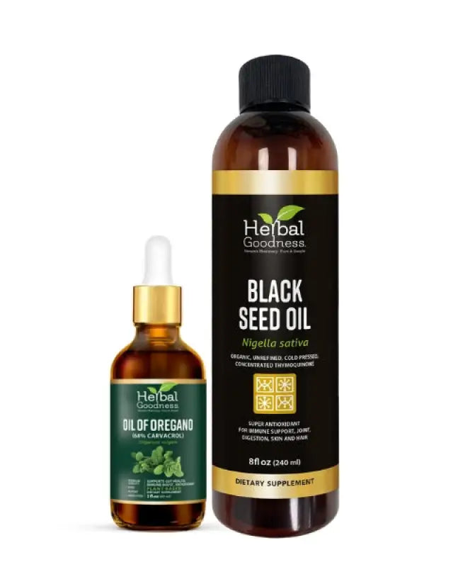 Herbal goodness black seed oil in a dark amber bottle with gold accents and black cap for immune support in a herbal oil bundle