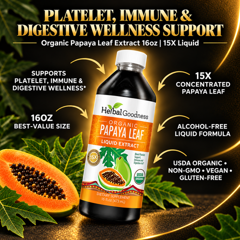 A dark amber glass bottle of organic papaya leaf extract with a white cap and orange green label 16oz 15x liquid