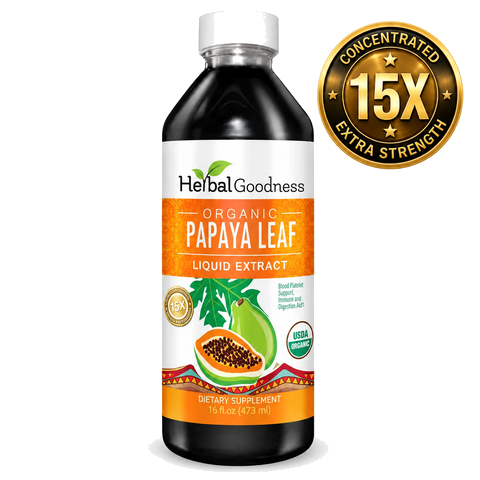 Herbal goodness organic papaya leaf extract 16oz in a dark amber glass bottle with orange and white label
