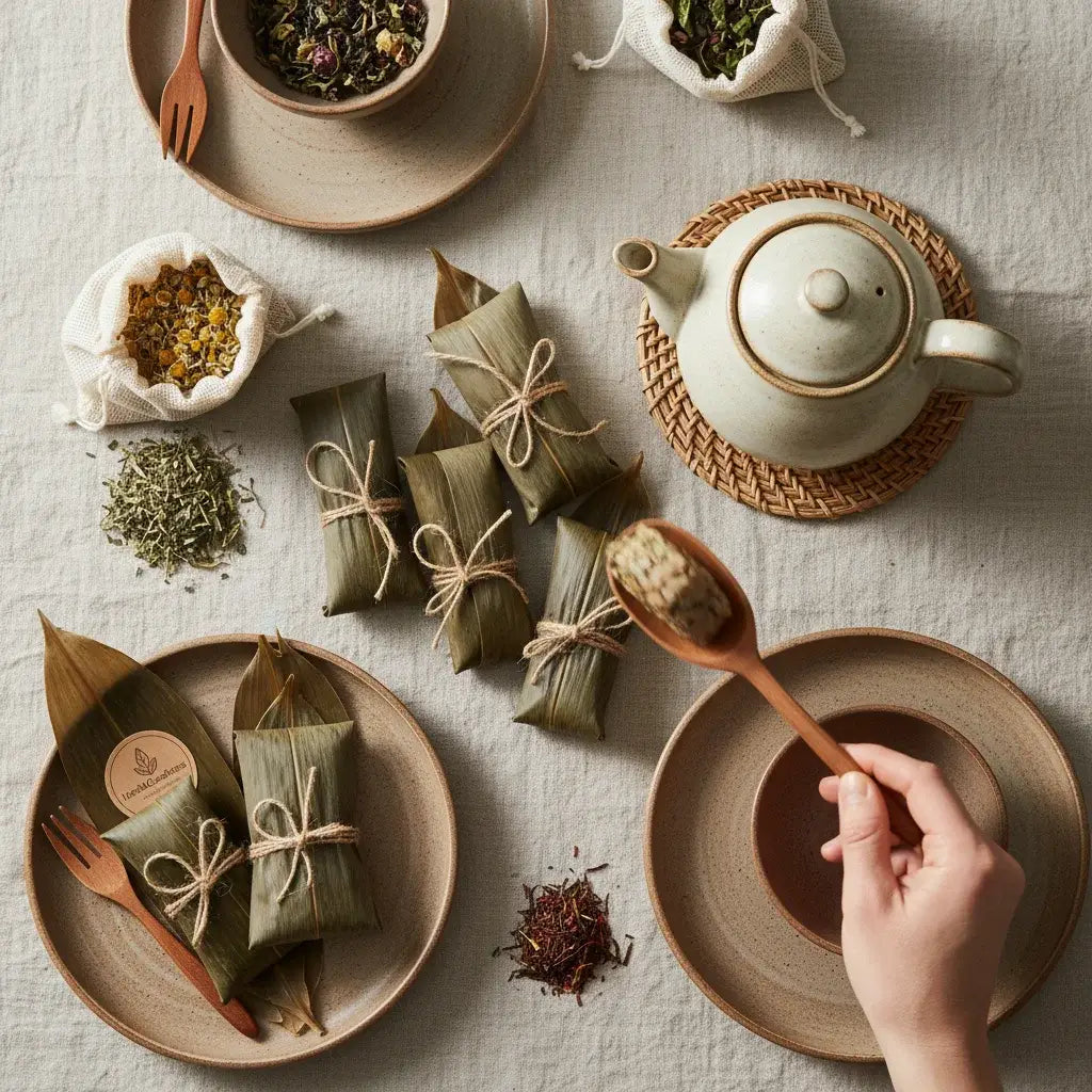 serving bamboo wrapped foods
