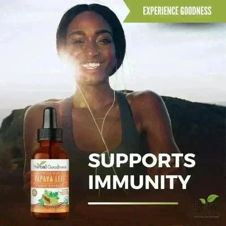An amber glass bottle with a black dropper cap labeled herbal goodness organic papaya leaf liquid extract for support immune health in a wellness balance bundle