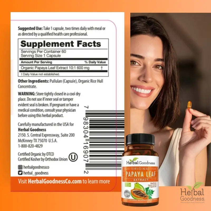 Herbalgoodness original papaya leaf extract supplement in amber glass with black cap and orange label for support immune health