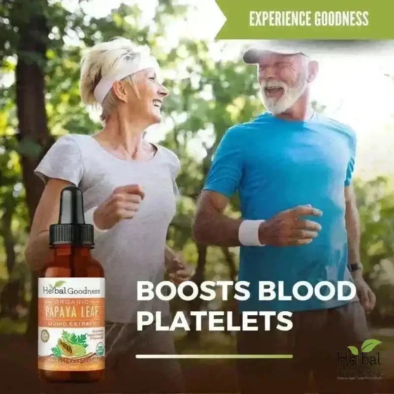A brown glass bottle with black dropper labeled herbal goodness organic papaya leaf tincture for wellness balance bundle