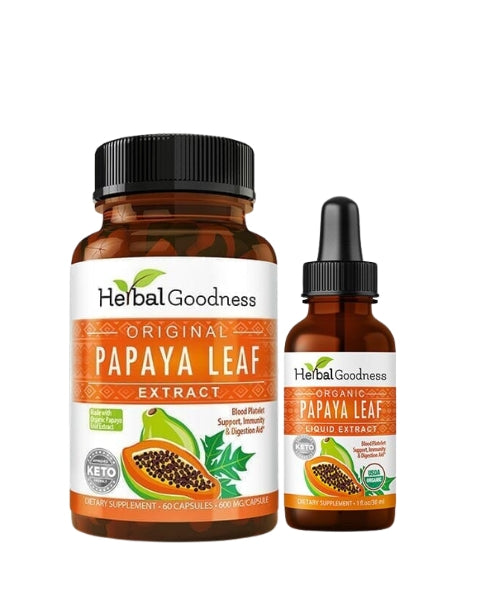 Herbal goodness original papaya leaf extract in amber glass bottles with black caps features papaya illustrations in wellness balance bundle for support immune health
