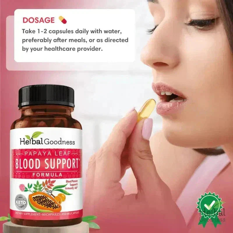 Papaya Leaf Extract Blood Support - 10X 60/450mg Capsules - Blood Platelet Capsules Herbal Goodness 