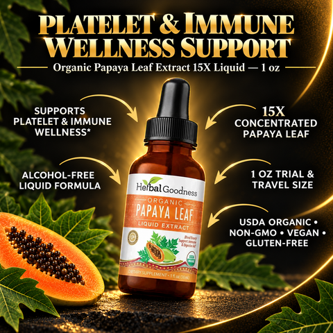 Herbalgoodness organic papaya leaf extract 1oz 15X liquid in brown glass bottle with black dropper and green orange label