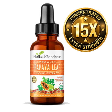 Amber glass bottle with black dropper cap and white label with orange accents of herbal goodness organic papaya leaf extract liquid