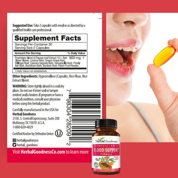 Papaya Leaf Extract Blood Support - 450mg/60 Capsules Capsules Herbal Goodness 