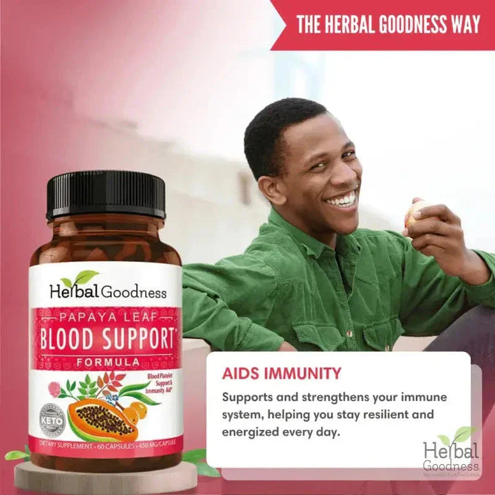 Papaya Leaf Extract Blood Support - 10X 60/450mg Capsules - Blood Platelet Capsules Herbal Goodness 