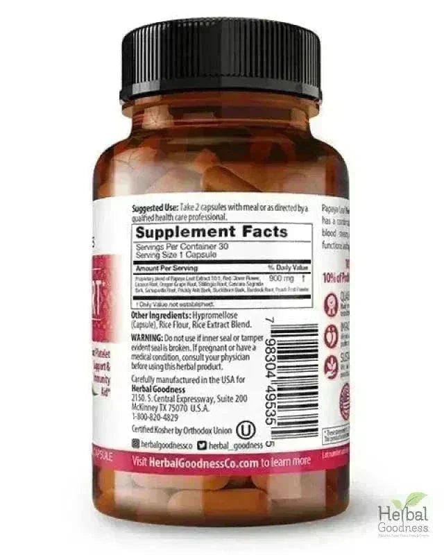 Papaya Leaf Extract Blood Support - 450mg/60 Capsules Capsules Herbal Goodness 