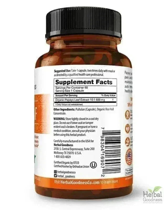 Papaya Leaf Extract - Capsules 600mg - 10X Strength - Herbal Goodness Capsules Herbal Goodness 